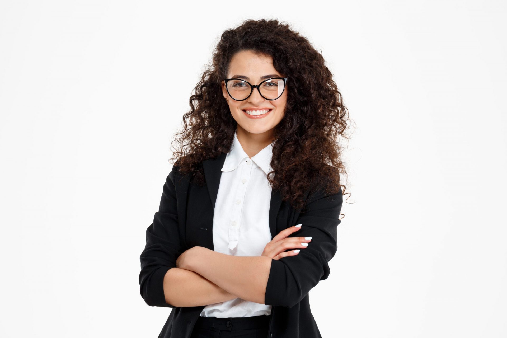 Picture of cheerful curly business girl wearing glasses over white background